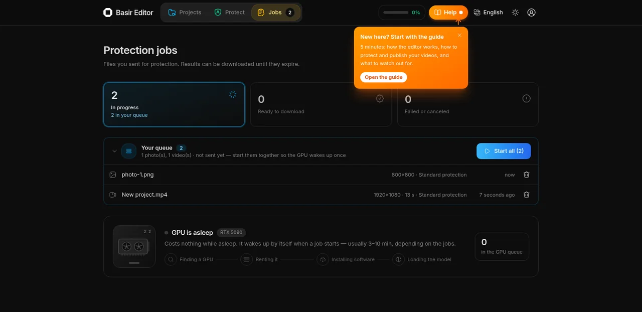 The Jobs page: what is queued, being protected and ready